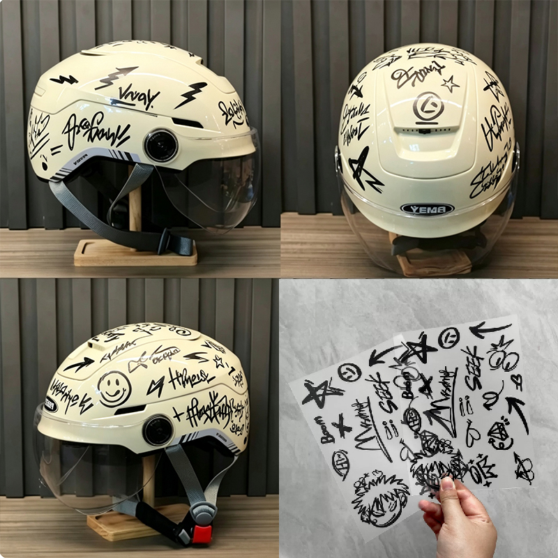 Scooter Helmet Set - 2pcs Punk Graffiti Motorcycle Helmet Sticker